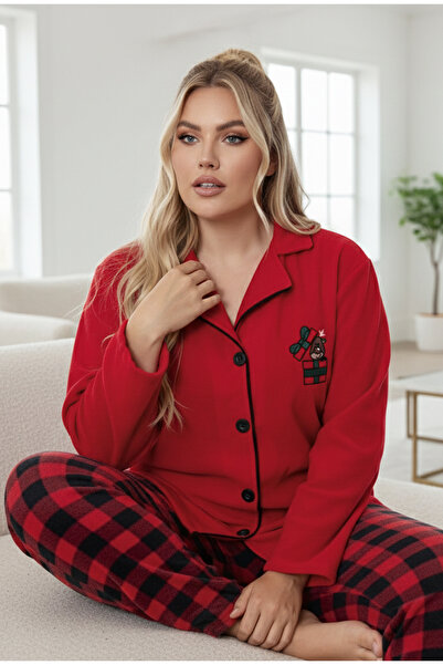 Siyah İnci Red Deer Embroidered Plaid Plus Size Fleece Winter Knitted Pajamas...