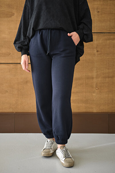 LOCCO Women's Elastic Waist Sweatpants Navy Blue