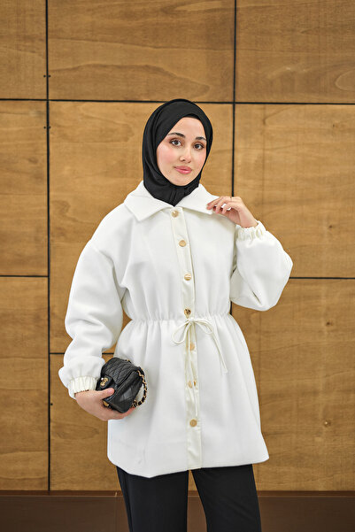 LOCCO Women's Waist Leather String Detail Shirt Collar Jacket White