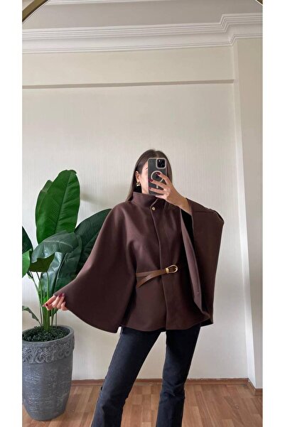 ESİLLA GİYİM Kadın Siyah Kemer Detaylı Panço Kesim Kaşe Ceket – Oversize Şık ...