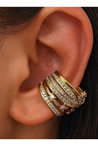 AychaAksesuar Gold zirkon taşlı çoklu görünüm deliksiz geçirmeli kıkırdak küpe
