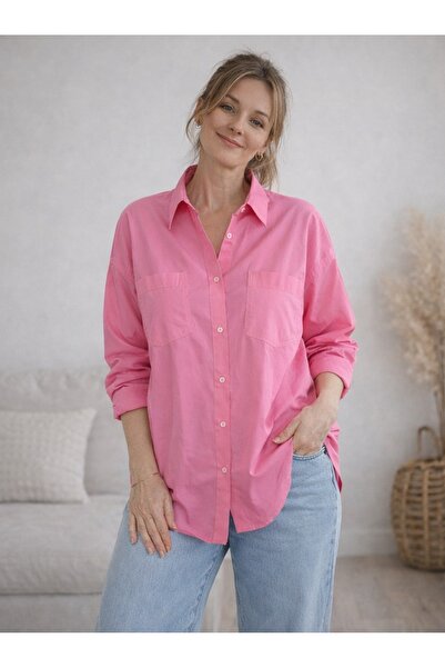 JADEWEAR Kadın Pembe Oversize Düğmeli Gömlek