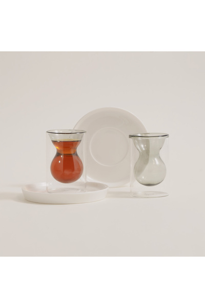 Dallaty 12 pcs double wall glass tea set with porcelain saucers, grey