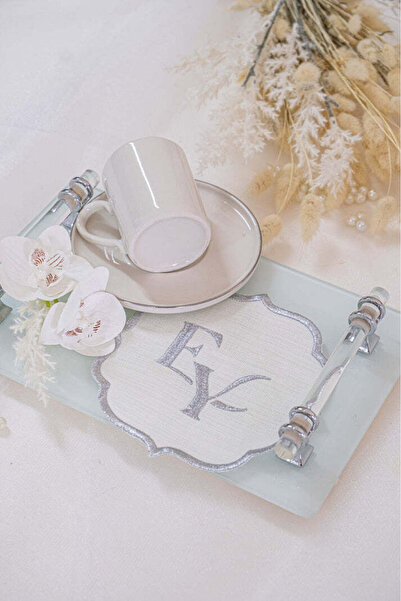 Rima Tasarım Silver Modern Monogram Embroidered Linen Presentation Mat