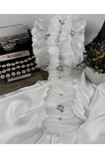 jasmina store organze kumaş üzeri taşlı inci detaylı fırfırlı şerit