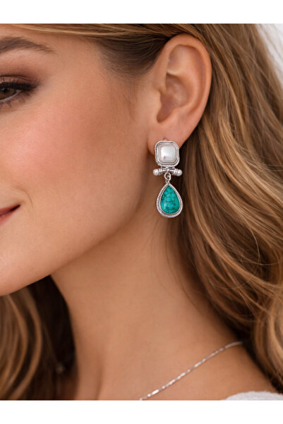 hansev Aksesuar Turkuaz Taşlı İnci Detaylı Vintage Stil Küpe