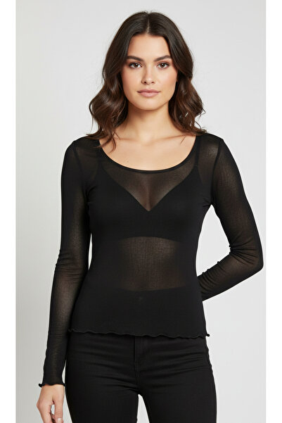 SONGÜLBERİK Women's Off-Shoulder Transparent Black Knitwear Blouse