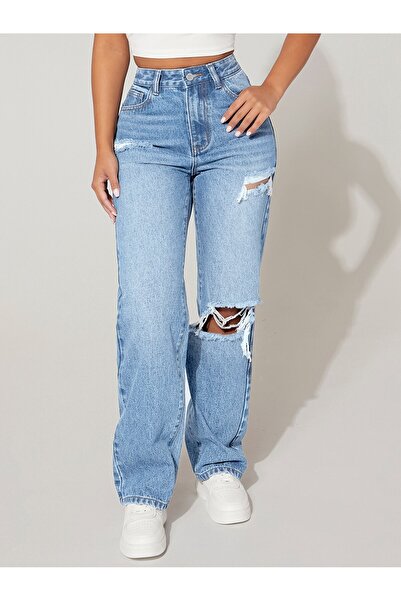 circle Kadın Açık Mavi Yüksek Bel Yırtık Pantolon