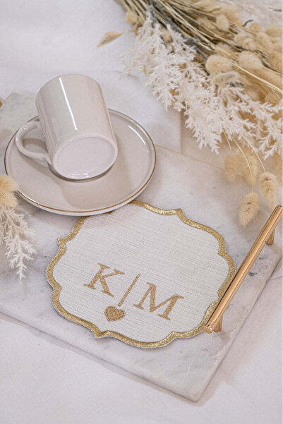 Rima Tasarım Kişiye Özel Gold Nakış İşlemeli ve Harfli Keten Söz Mendili