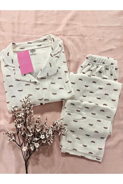 MH Moony Homewears Plum Ribbon Patterned Winter Thermal Fleece Fabric Pajama Set