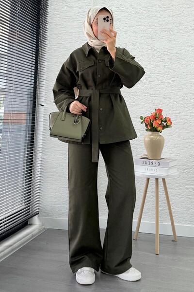 MELEK ARAZ بدلة جبردين مزدوجة بأزرار كاملة من الأمام - كاكي