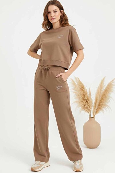 vynor atelier Women's Palazzo Tracksuit Set - Cotton Fleece-Lined Two Piece Set
