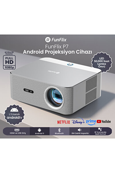 FunFlix P7 Android 4K Destekli LED Full HD Projeksiyon Cihazı, Lisanslı Andro...