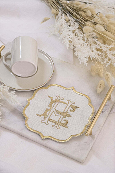 Rima Tasarım Kişiye Özel Monogram Harf Nakışlı Gold Kenarlı Keten Tepsi Mendili