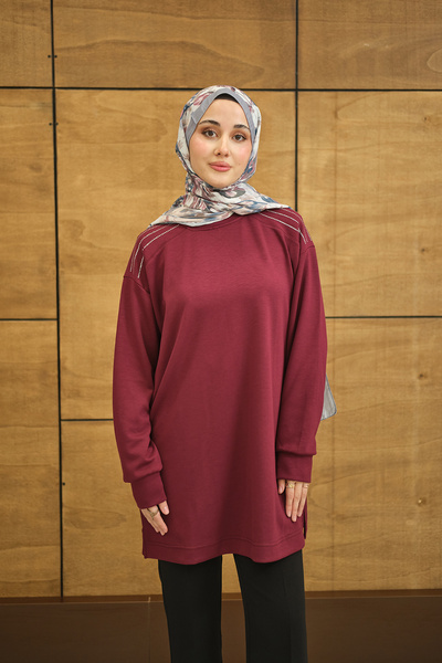 LOCCO Women's Crew Neck Shoulder Stone Detail Regular Viscose Tunic Burgundy