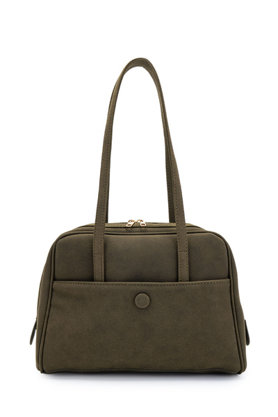 minebag Suede Rocky Women's Shoulder Bag Khaki with Front Pocket Detail