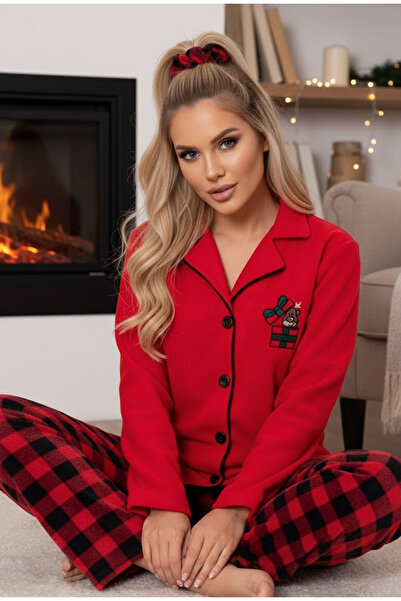 Siyah İnci Red Deer Embroidered Plaid Fleece Winter Knitted Pajama Set