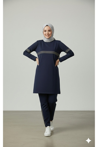 CNG MODA Women's Glitter Stripe Hoodless Hijab Tracksuit Set