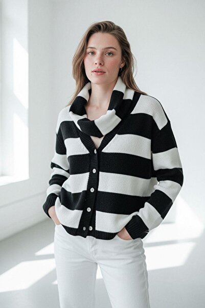 Madmext Black Striped Scarf Women's Knitwear Cardigan Mg2588