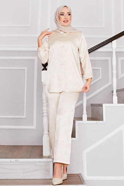 EBRUTESETTÜR Jacquard Double Pants Hijab Set Cream