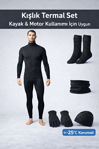 Namaldı Men's Winter Thermal Set High Neck Underwear Leggings Gloves Beanie N...