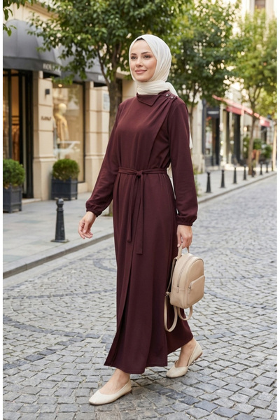 sefamerve Button Detailed Elasticated Sleeves Belted Ferace 2212-03 Brown