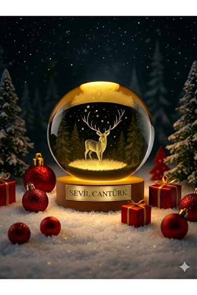 BiTon Toptan Kişiye Özel 3D Kristal Küre Geyik Figürlü LED Işıklı Gece Lambas...