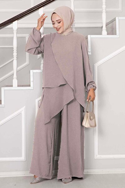 EBRUTESETTÜR Asymmetrical Cut Aerobin Hijab Double Set Mink