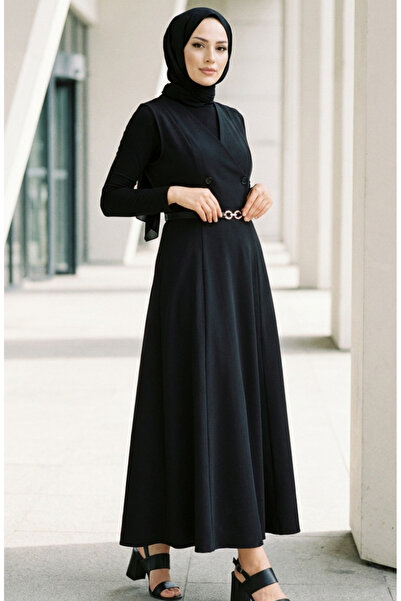 sefamerve Buttoned Short Sleeve Belted Gilet Dress 5095-02 Black