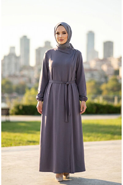 sefamerve Button Detailed Elastic Cuffed Belted Ferace 2212-06 Gray