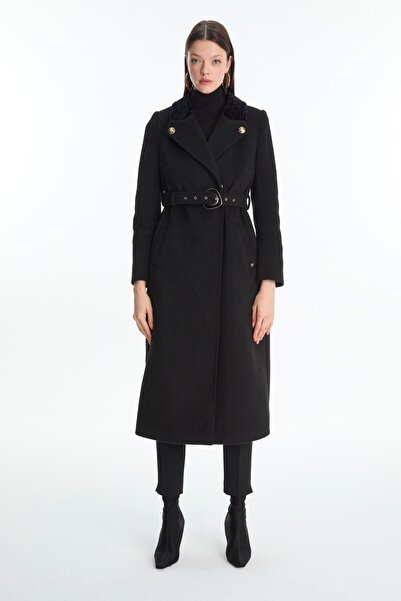Zühre Collar Detailed Belted Black Coat 13866