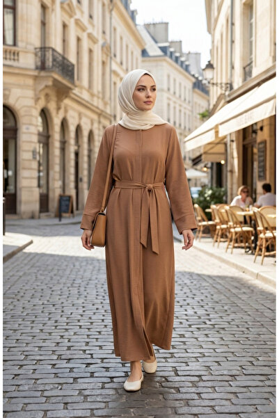 sefamerve Ferace cu centură din material Aerobin 4043-02 Camel