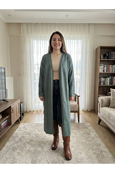 T Guel Women's Green Comfortable Fit Long Cardigan