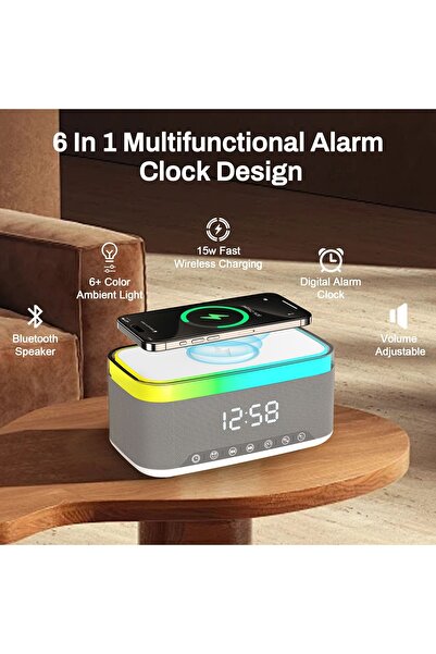 gaman RGB 13 Mod Led Işıklı Masa Üstü Bluetooth Speaker Masa Saati Alarmlı 15...