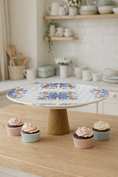 Evila Ahşap Ayaklı Porselen Sunumluk 25 cm – Dekoratif Pasta & Cupcake Sunumluk