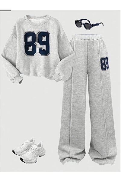 buendiakids Kız/Erkek Çocuk Gri 89 Baskılı Bisiklet Yaka Crop- Çimalı Geniş P...