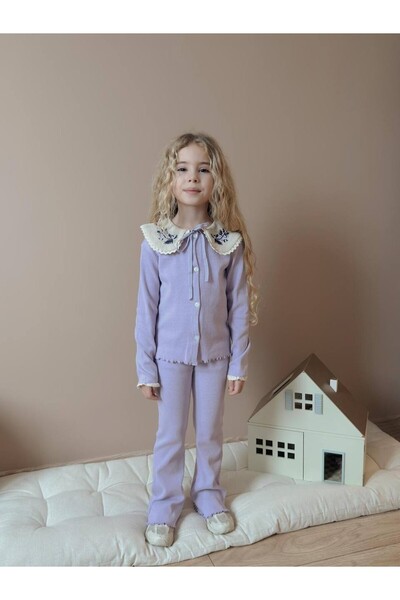 MİNİKO KİDS SET CU COLAR DE DANTELĂ PENTRU FETE, CU TĂLAȚI, tricotaj cu stria...