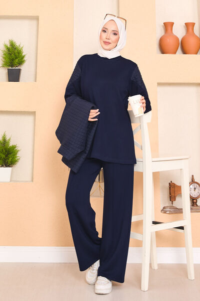 EBRUTESETTÜR Beli Adjustable Quilted Vest Set Piece Hijab Set Navy Blue