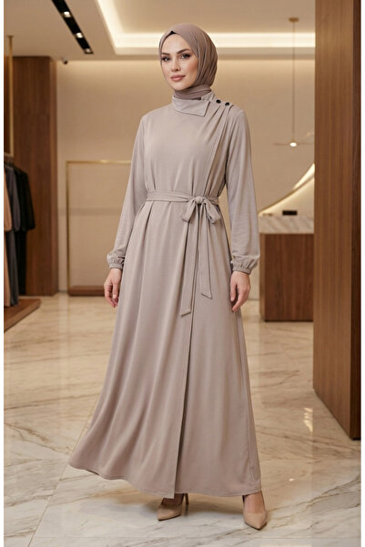 sefamerve Button Detailed Elasticated Sleeves Belted Ferace 2212-05 Beige