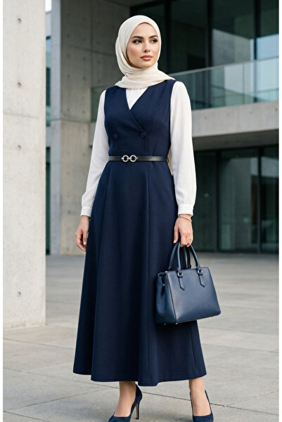 sefamerve Buttoned Short Sleeve Belted Gilet Dress 5095-01 Navy Blue