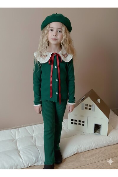 MİNİKO KİDS SET CU COLAR DE DANTELĂ PENTRU FETE, CU TĂLAȚI, tricotaj cu stria...