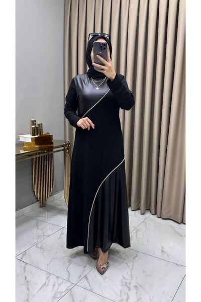 Hugglii HATUN ELBİSE SİYAH ŞIK DERİ VE ZİNCİR DETAYLI
