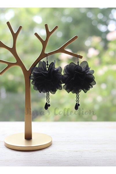 Jivva's Collection Special Design Black Tulle Flower Dangle Earrings