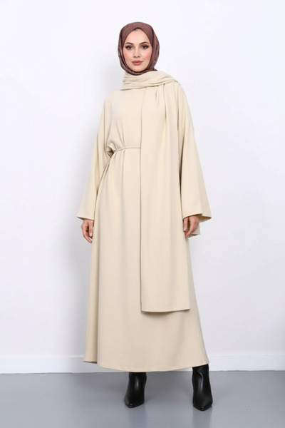 BERNS Corded Fabric Cotton Woven Belted Hijab Detailed Abaya Dress
