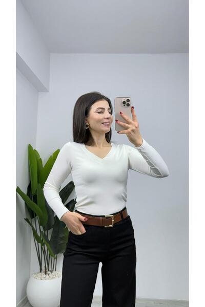 TUNAM BUTİK 141 V Yaka Modal Badi Ecru