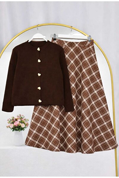 MODA VEDAT Women's Heart Button Knit Cardigan - Plaid Patterned Scuba Skirt Set