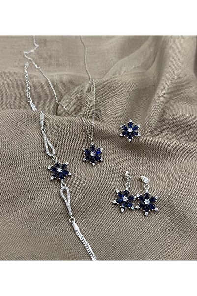 SURA SILVER LOTUS MODEL SAFİR MAVİSİ 925 AYAR RODYUM GÜMÜŞ SET (KOLYE,KÜPE,Bİ...