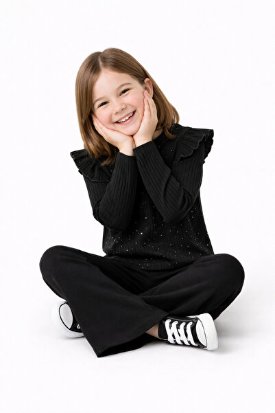 mini kanka Girl's 4-12 Years Old Blouse with Stone Shoulder Detail and Ottoma...