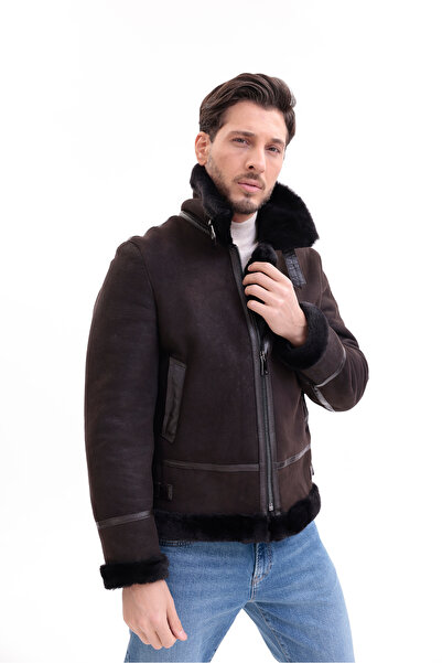 By Marki Marki Erkek Hakiki Deri Mont Pilot Model ingiliz Yaka Kahverengi içi...