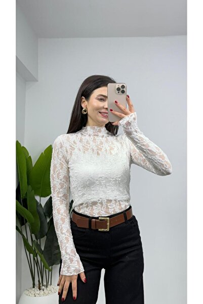 TUNAM BUTİK 4701 Turtleneck Transparent Lace Blouse White